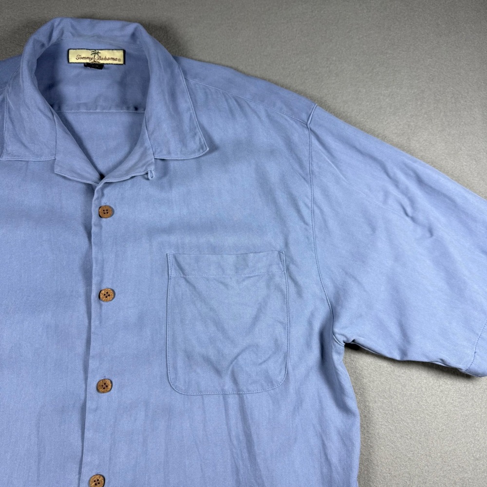 Vintage Tommy Bahama 100% Silk Camp Shirt Blue Herringbone Button Up Mens M